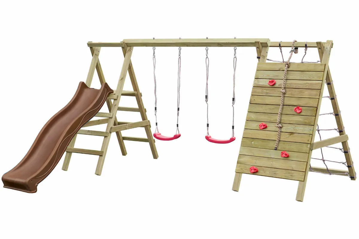 Gartenpirat Doppelschaukel Sarah mit Kletternetz Kletterwand und brauner Rutsche
