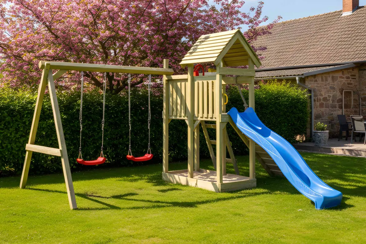 Spielturm Cris Fun mit Kletterrampe und Doppelschaukel