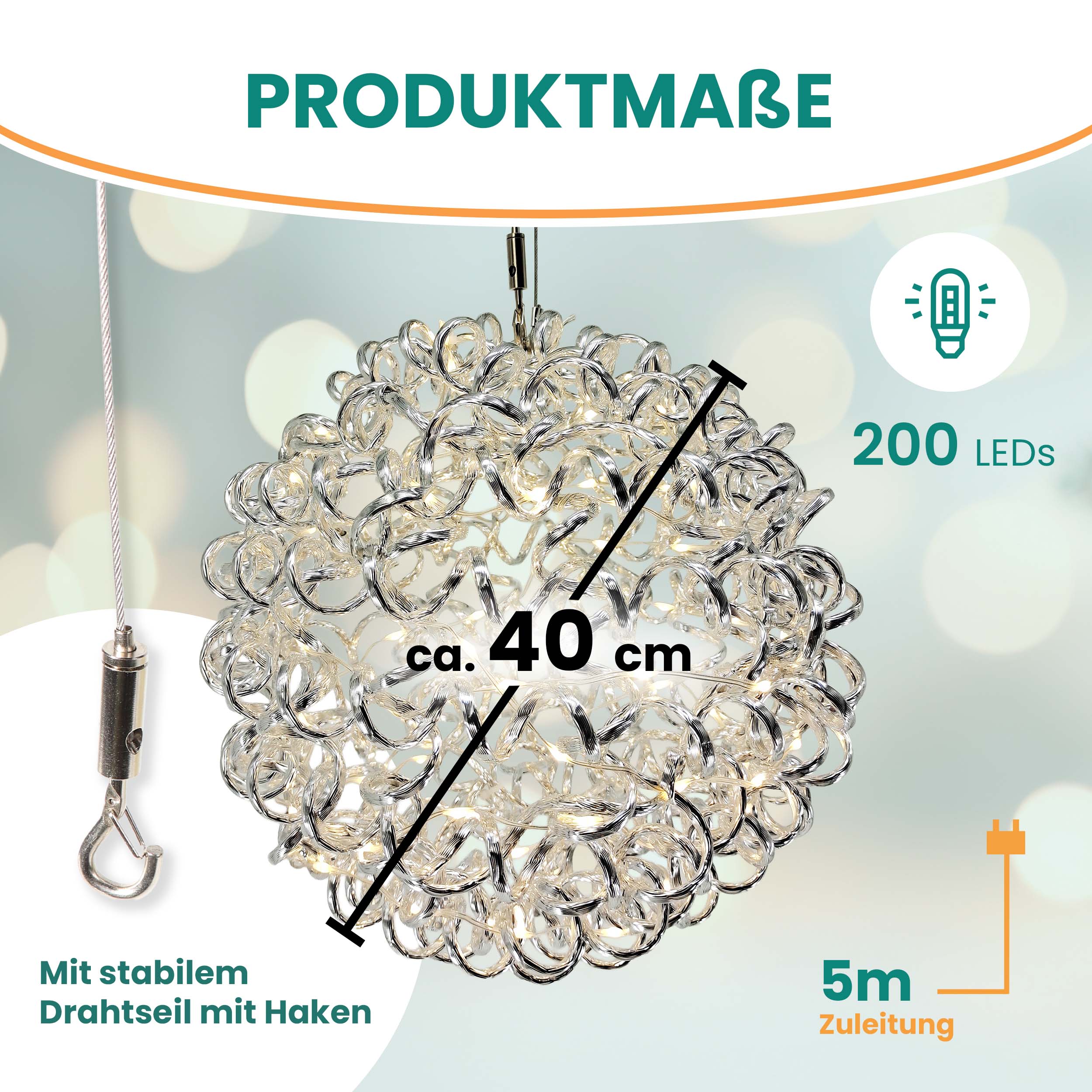 3D Drahtkugel Aluminium Ø 40 cm mit 200 LED warmweiß Timer-Funktion IP44
