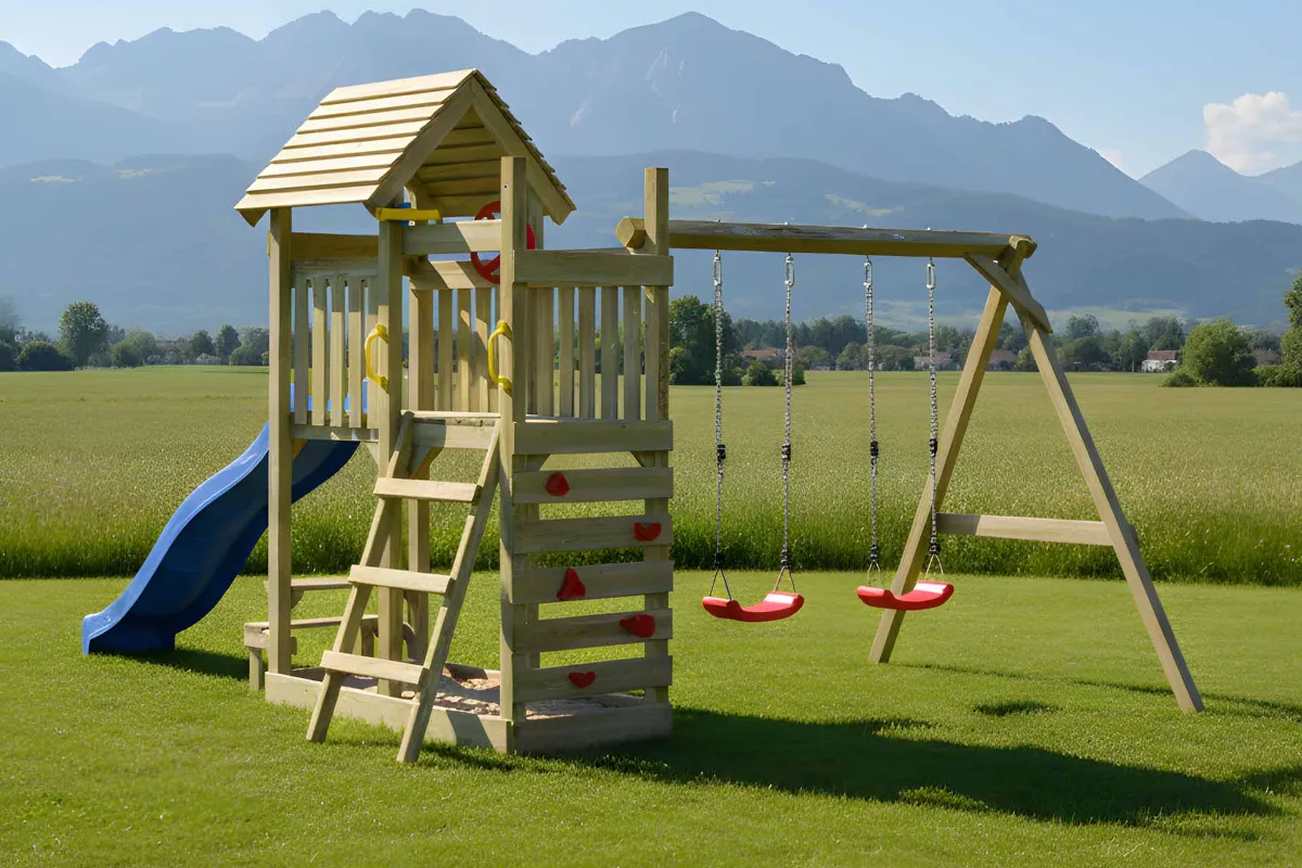 Spielturm Andrea Abenteuer mit Doppelschaukel und Kletterwand