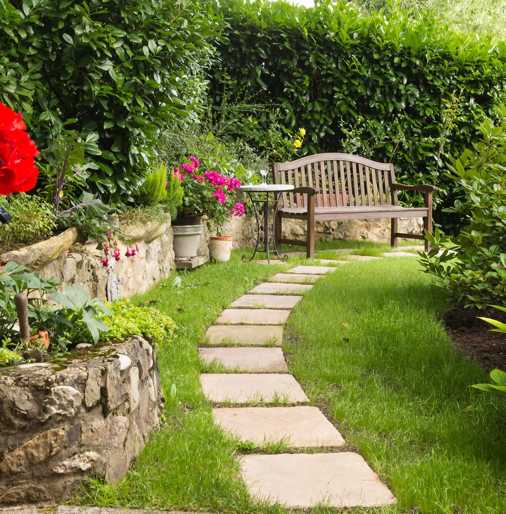 Garten mit Weg und Holzbank