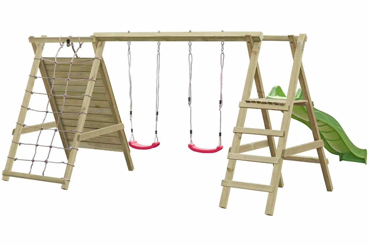 Doppelschaukel Sarah mit Kletternetz Kletterwand und apfelgrüner Rutsche