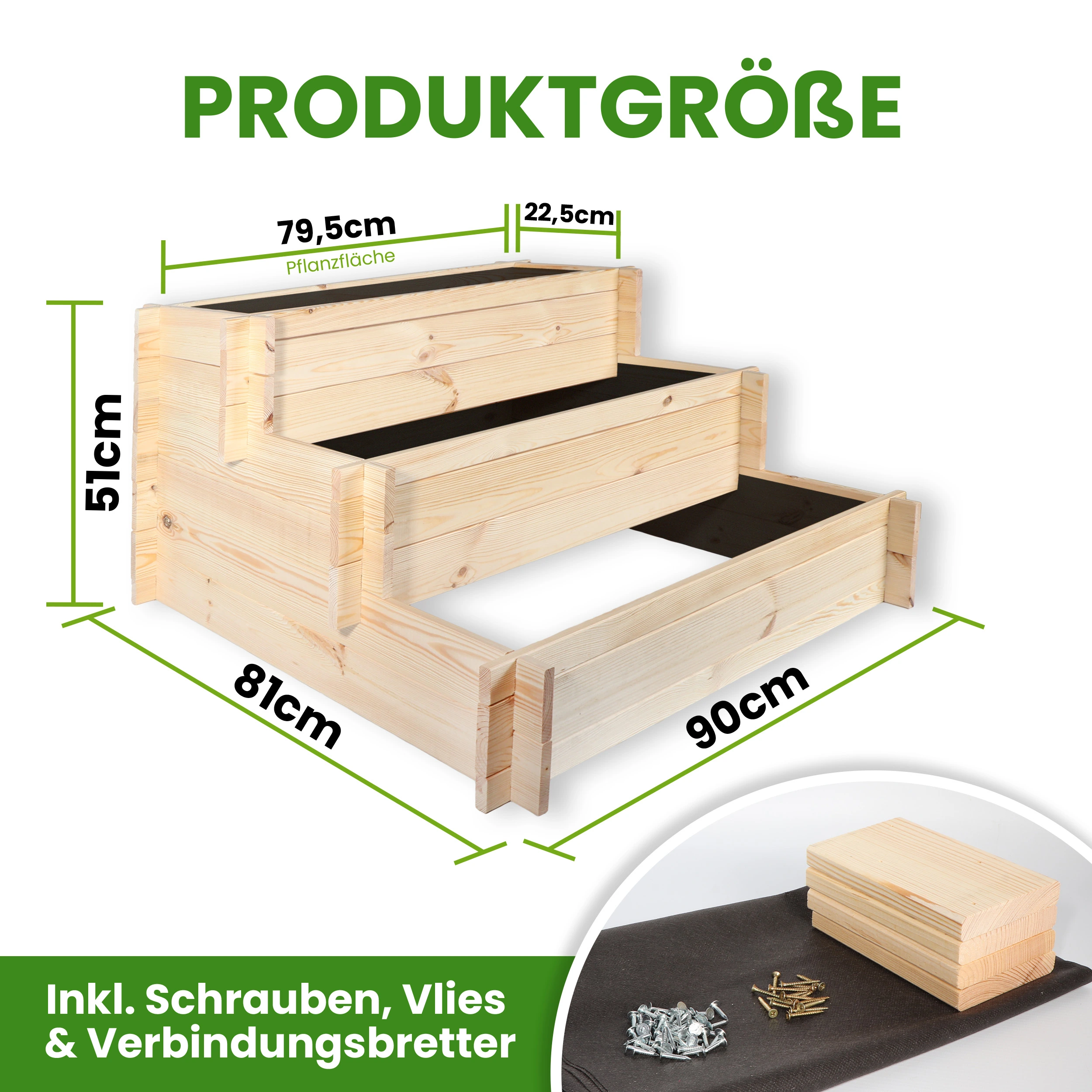 Stufenbeet 90x81xH51 cm aus Kiefer natur Pflanzkasten Beet für den Garten Pflanztreppe