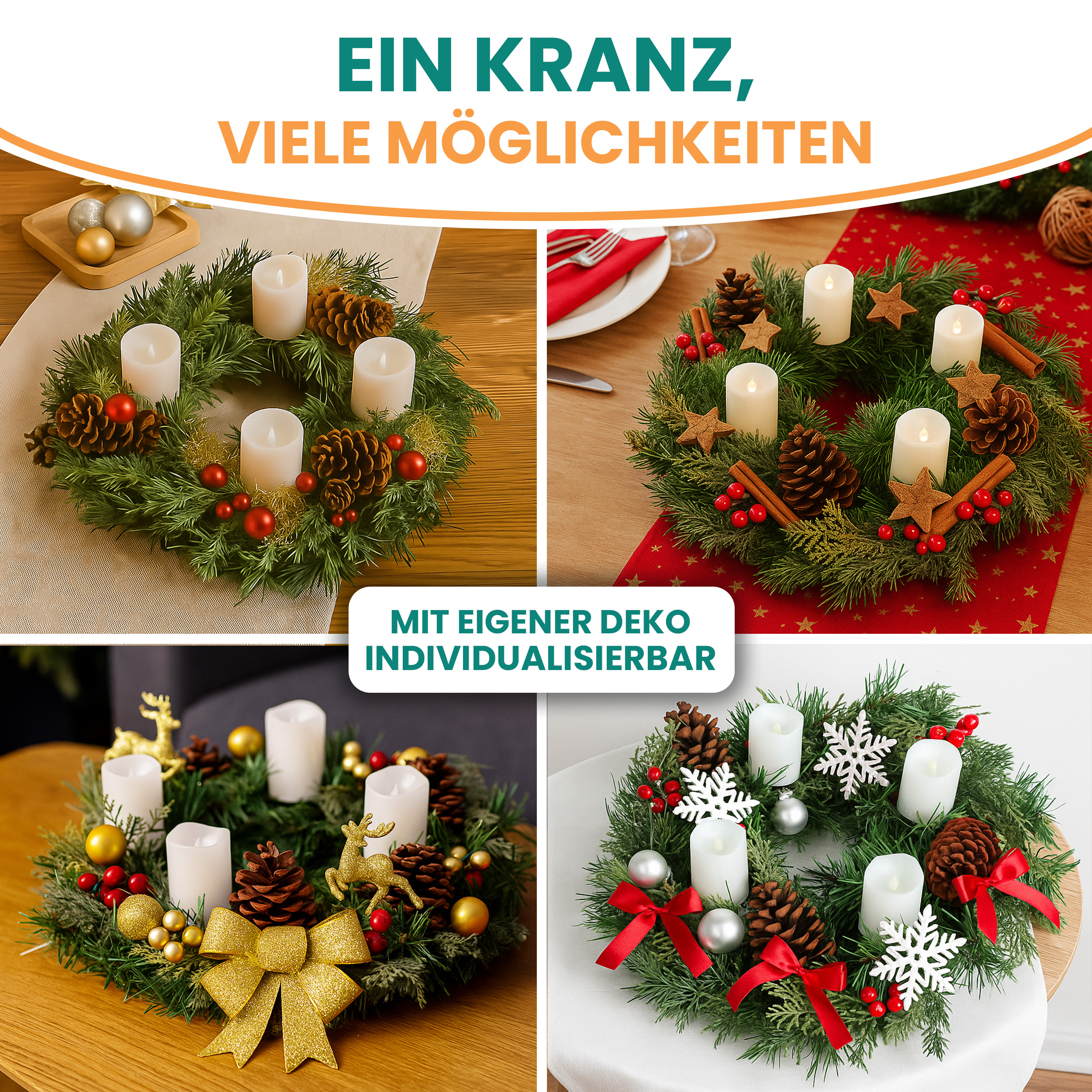 Künstlicher Adventskranz Weihnachtsdeko mit echten Zapfen und roten Beeren geschmückt