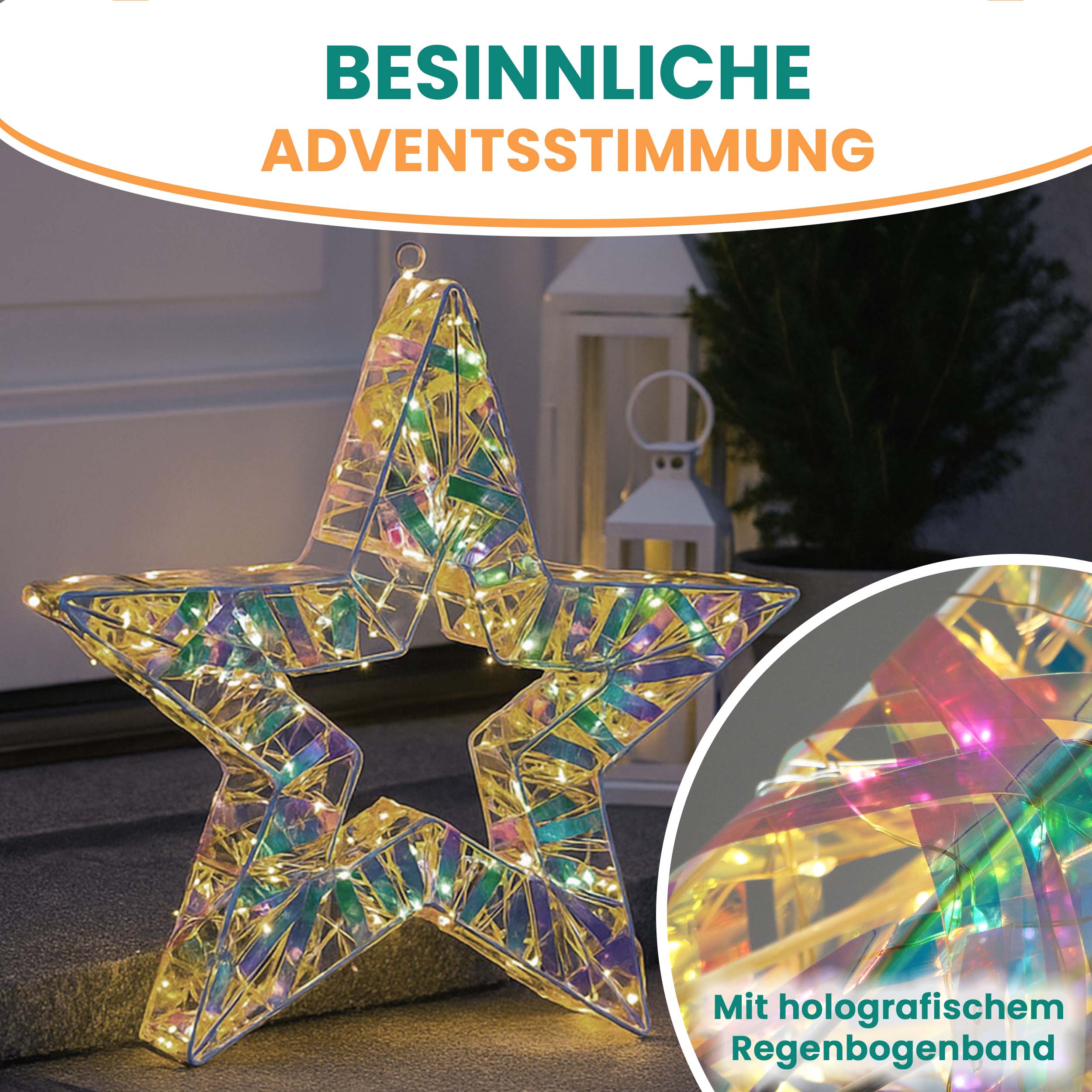 Weihnachtsstern 40x40 cm in Regenbogenfarben 180 LED warmweiß mit Timer außen