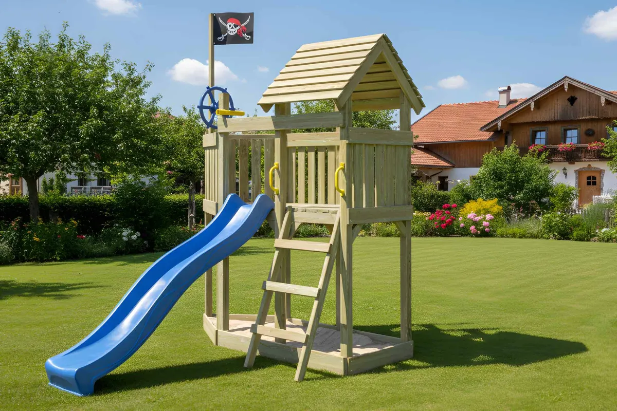 Spielturm Mia Aktiv mit blauer Rutsche und Leiter