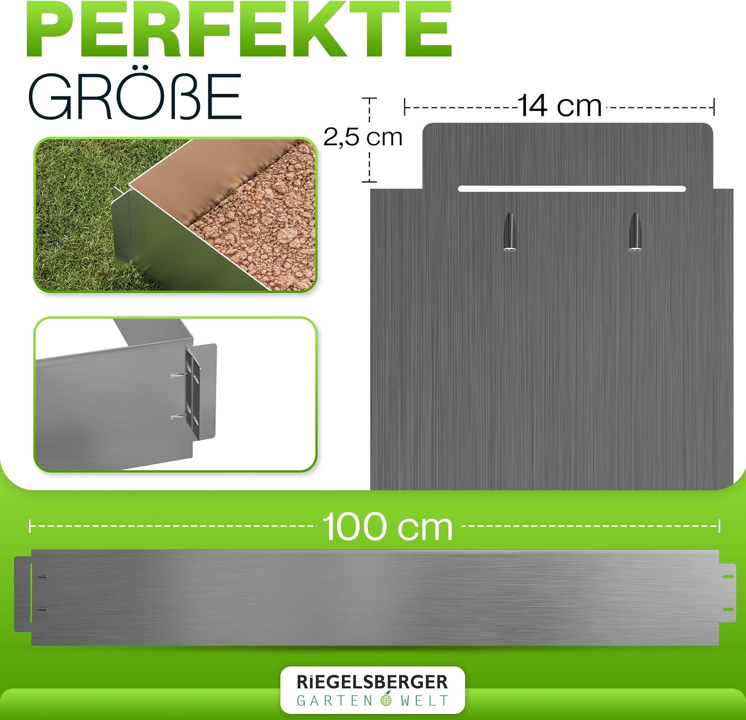 Rasenkante Metall verzinkt 500 cm (5x100 cm) Höhe 14 cm Mähkante Beetumrandung