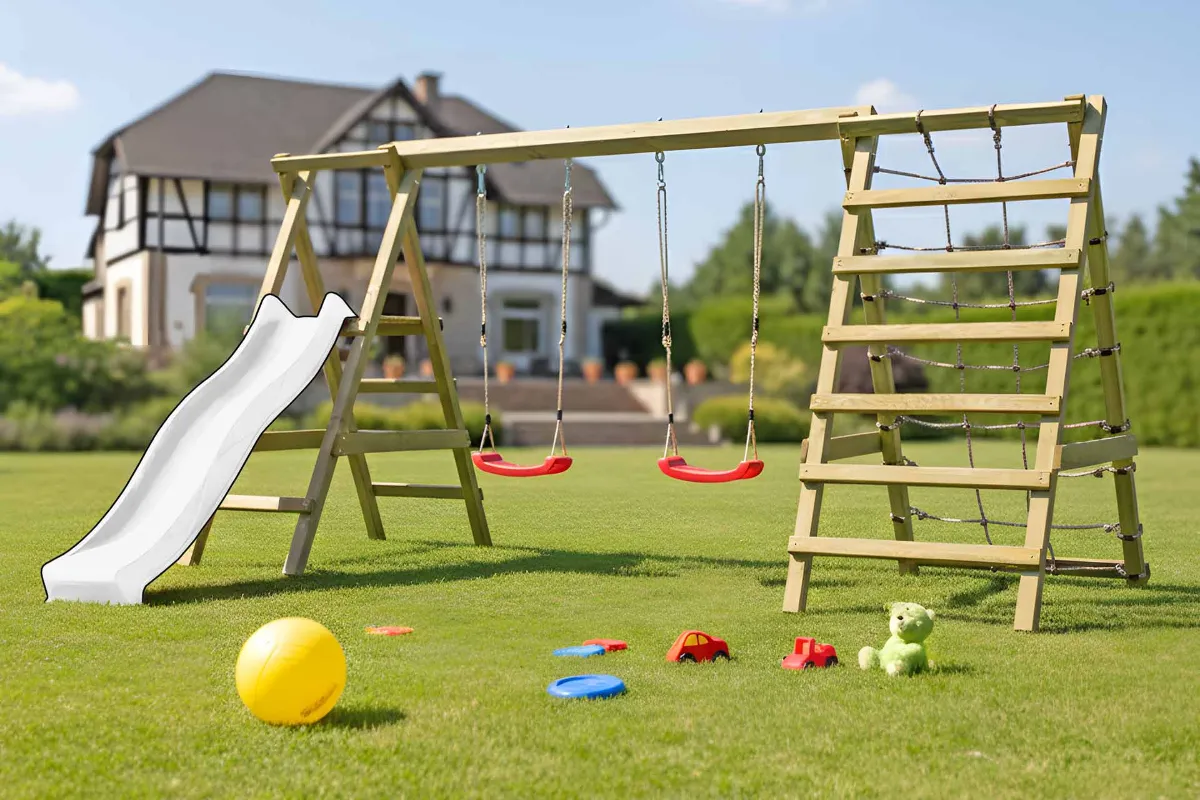 Gartenpirat Doppelschaukel Jana mit Kletternetz Sprossenleiter und Rutsche