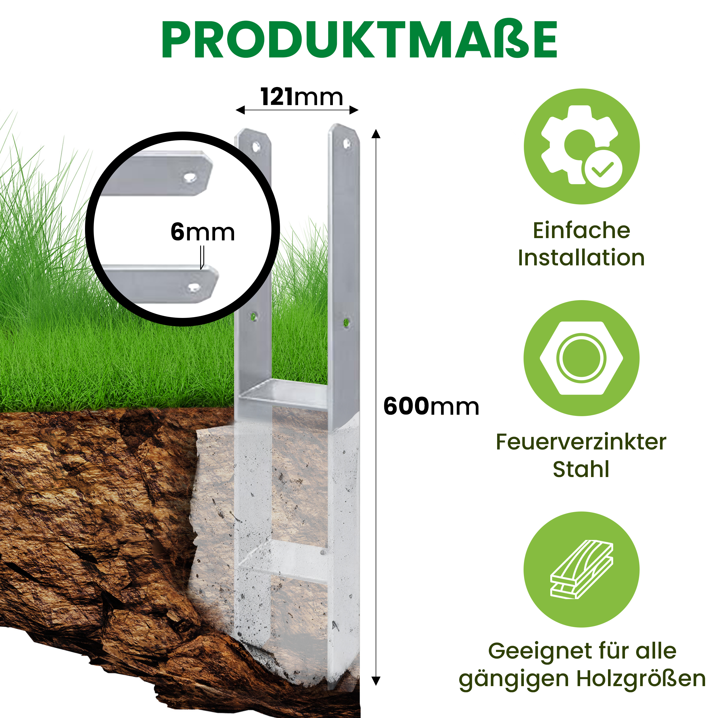 H-Anker 600x121x6 mm aus Stahl Pfostenanker für Pfosten 12x12 cm