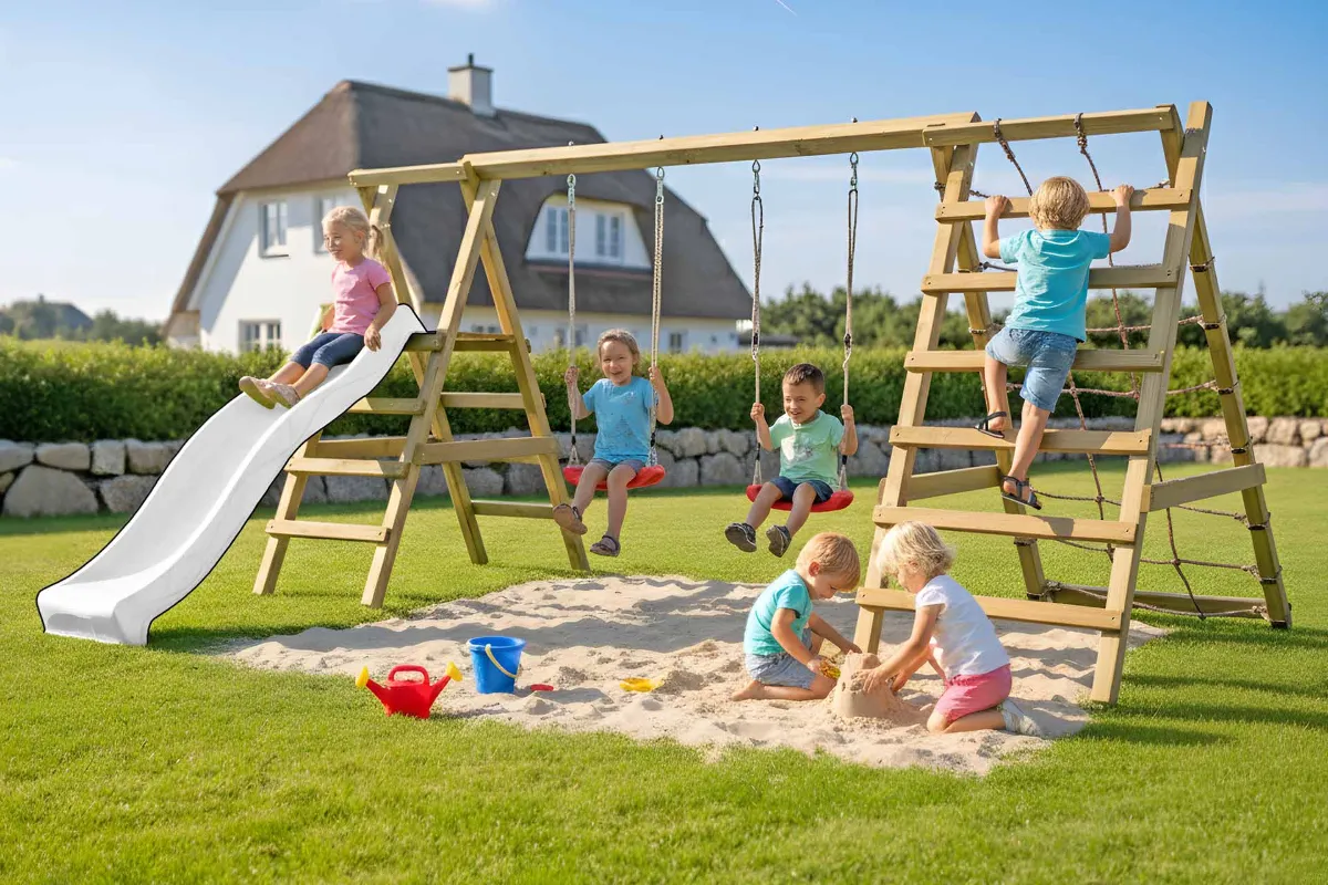 Gartenpirat Doppelschaukel Jana mit Kletternetz Sprossenleiter und Rutsche