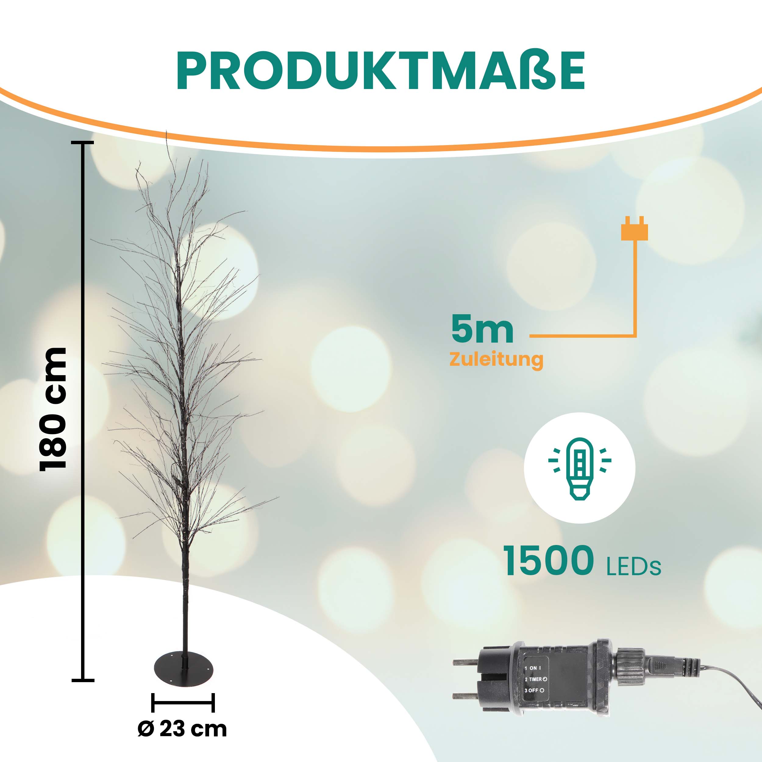 LED-Baum 180 cm schwarz mit 1500 LED warmweiß Timer-Funktion IP44