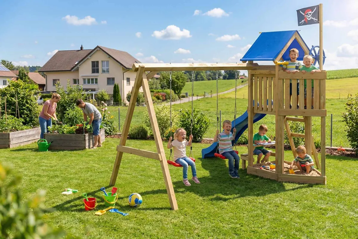Spielturm Peter Abenteuer mit Doppelschaukel Tisch und Leiter