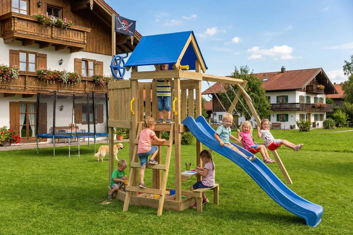 Spielturm Peter Abenteuer mit Doppelschaukel Tisch und Leiter