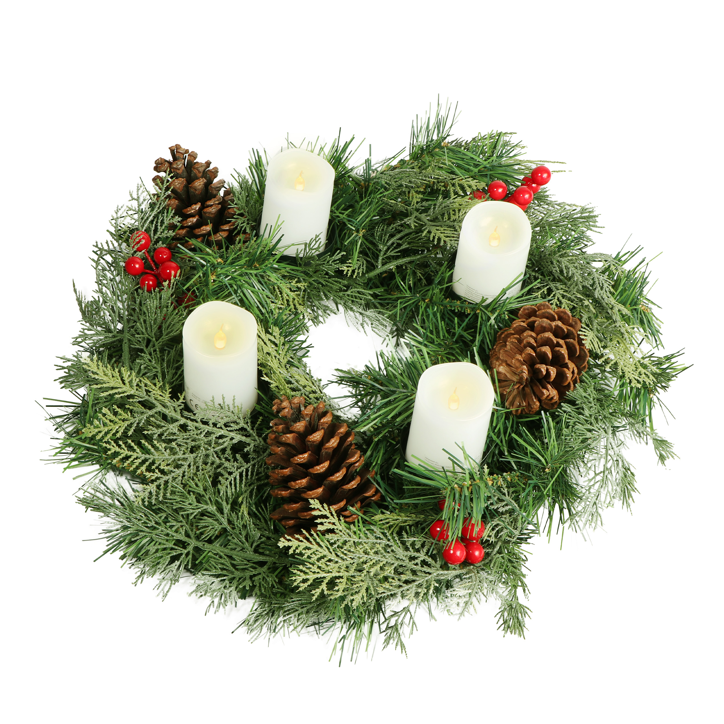 Künstlicher Adventskranz Weihnachtsdeko mit echten Zapfen und roten Beeren geschmückt