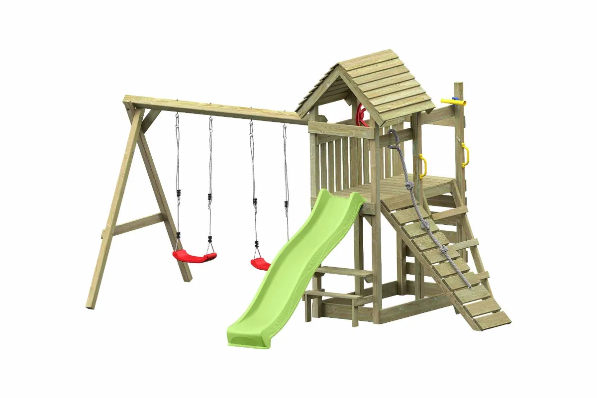 Spielturm Cris Abenteuer mit apfelgrüner Rutsche Kletterrampe Kletterwand und Doppelschaukel
