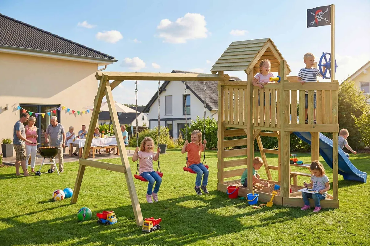 Spielturm Mia Abenteuer mit blauer Rutsche Doppelschaukel und Kletterwand