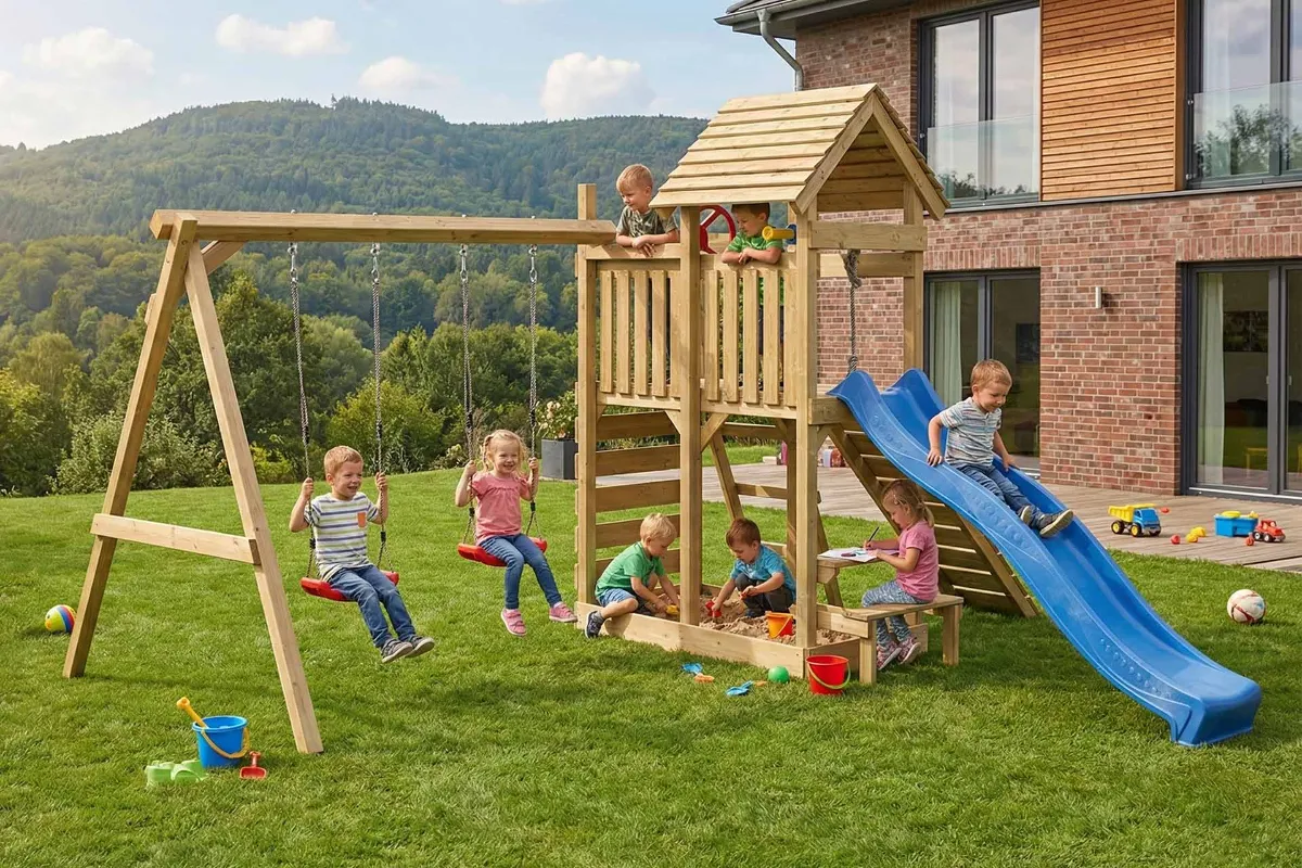 Spielturm Cris Abenteuer mit Kletterrampe Kletterwand und Doppelschaukel