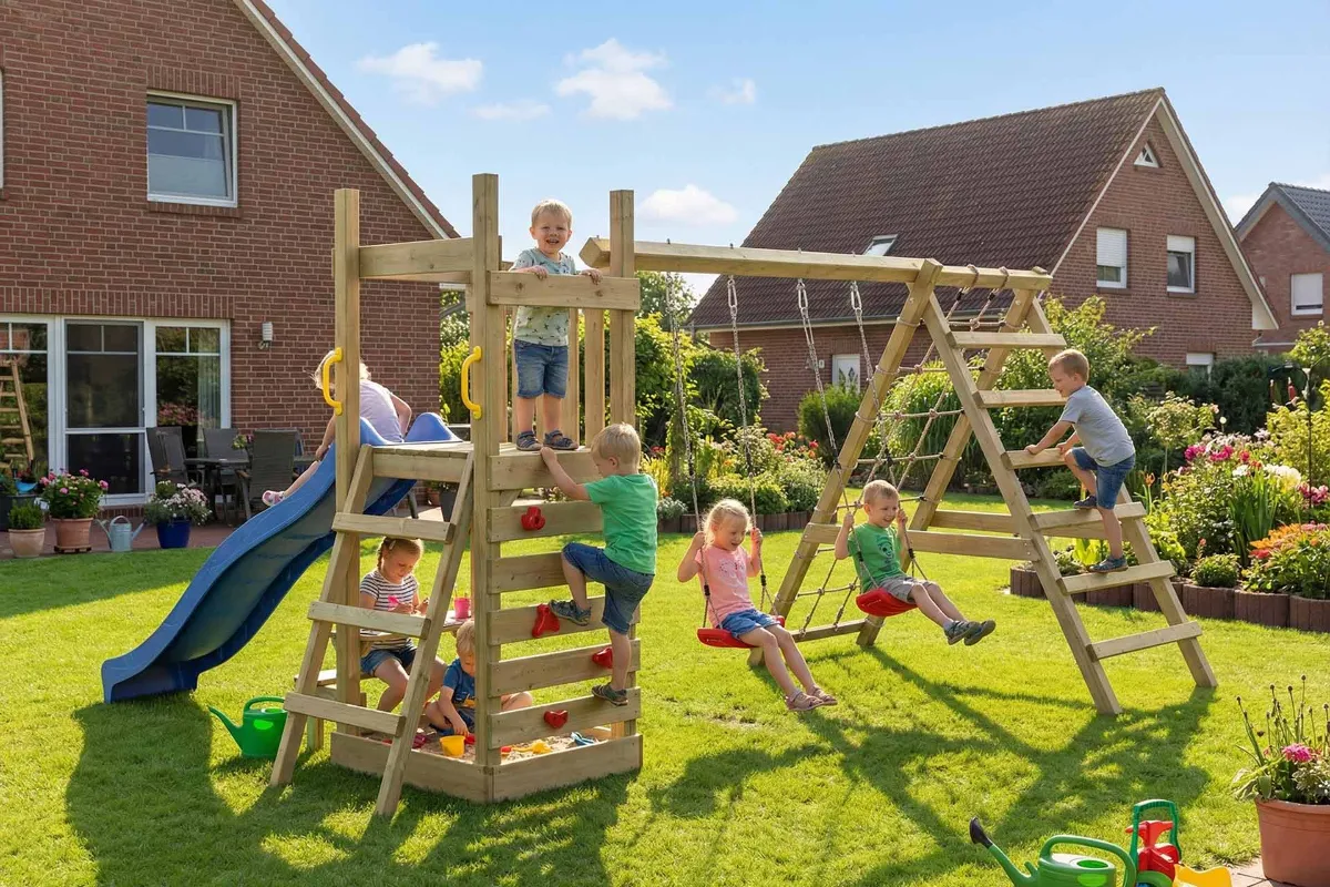 Spielturm Lilly Max mit Doppelschaukel Kletterwand und Kletternetz