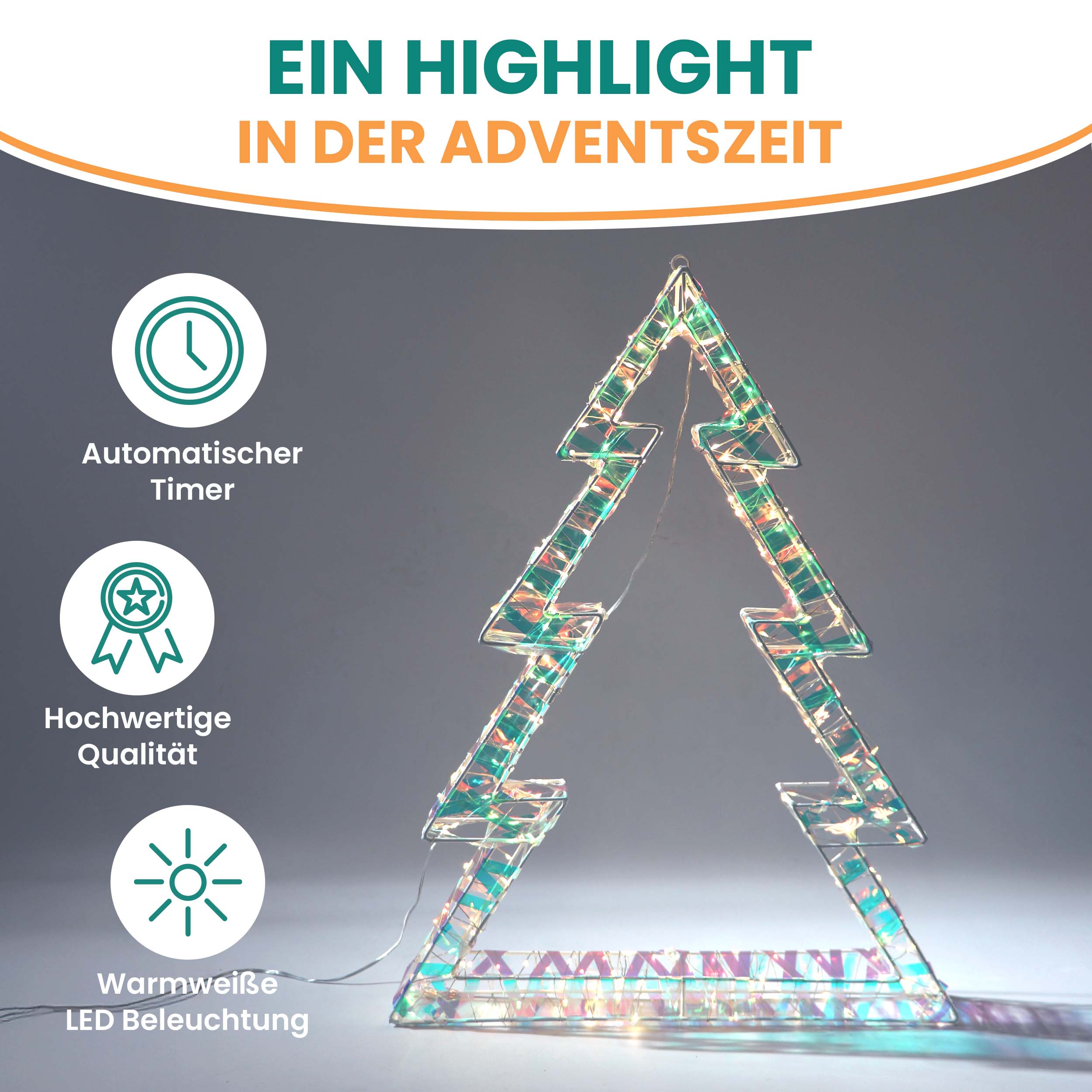 Weihnachtsdeko Tanne 63x46 cm in Regenbogenfarben 240 LED warmweiß mit Timer außen