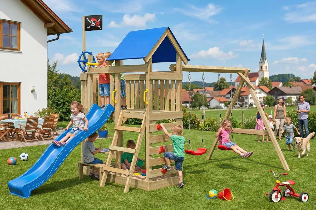 Spielturm Georg Abenteuer mit Doppelschaukel und Kletterwand