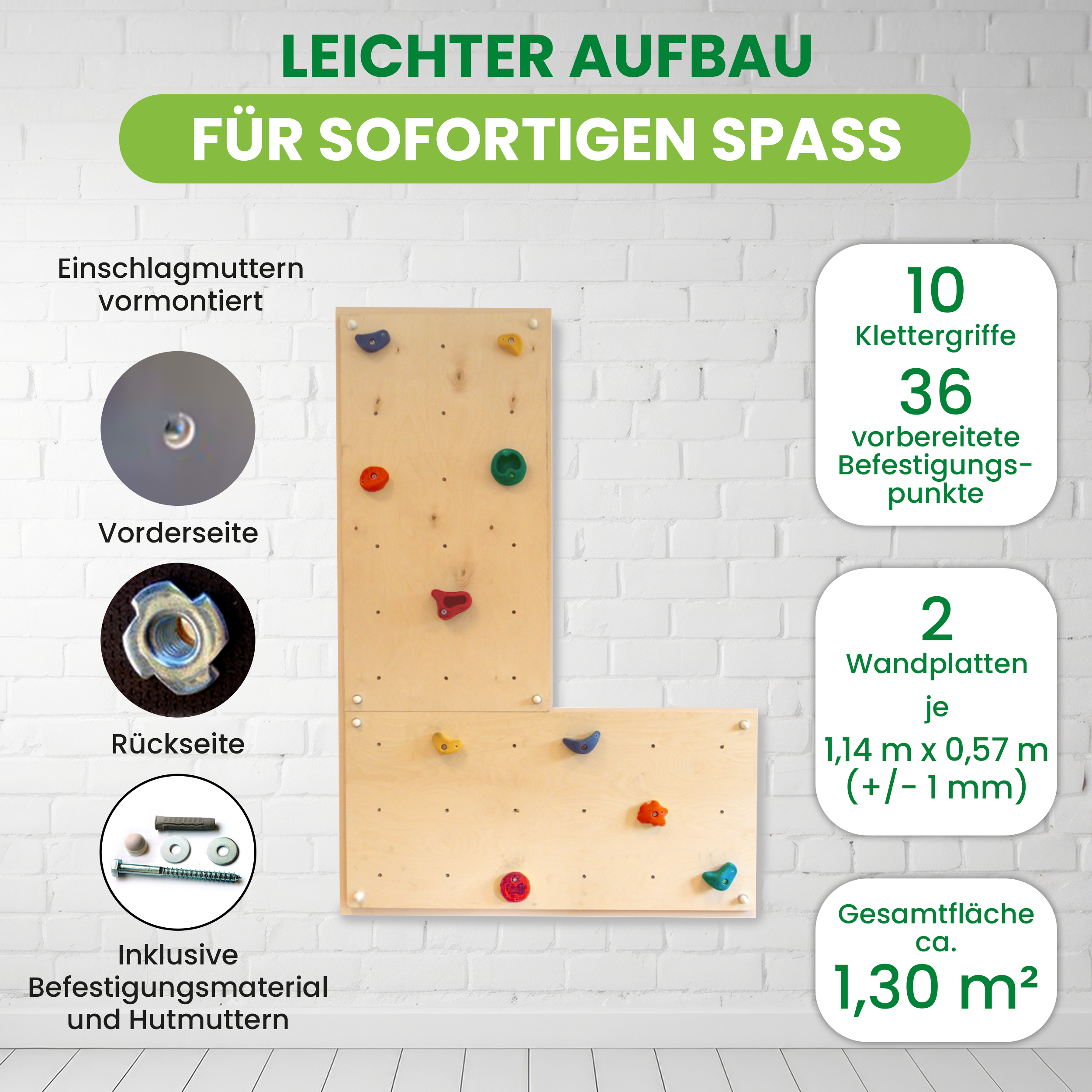 Kletterwand Indoor mit bunten Klettersteinen und Montagematerial für Kinder und Erwachsene