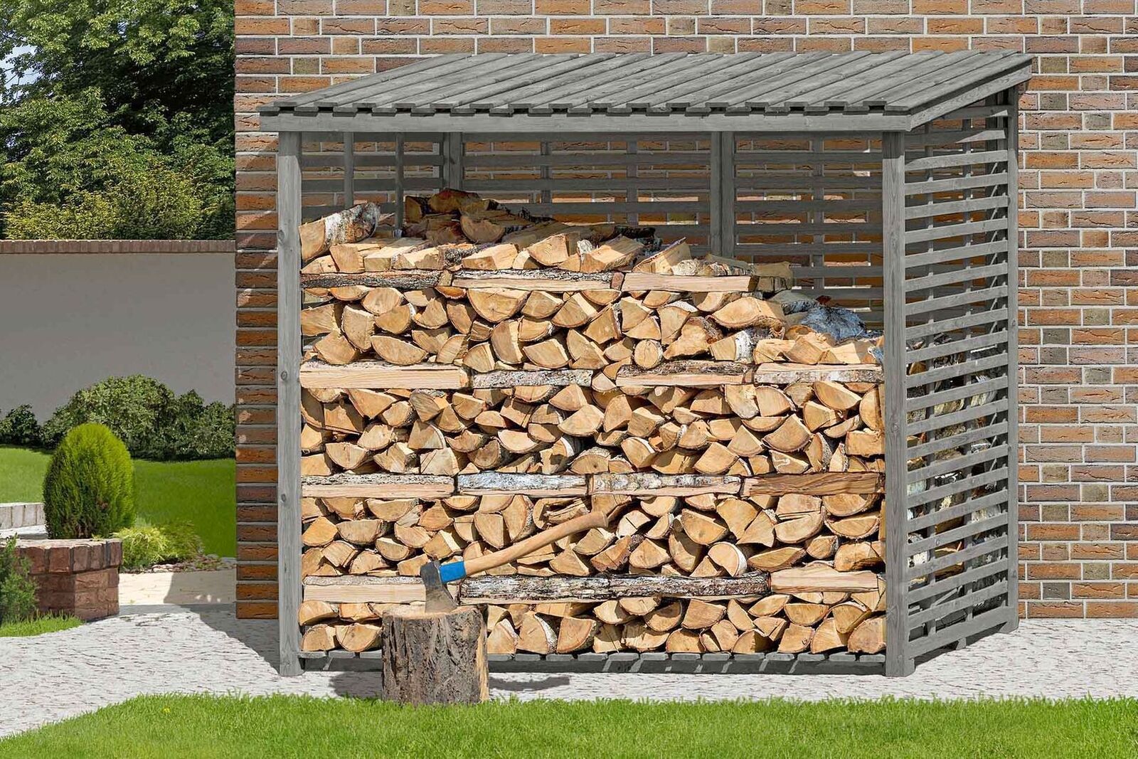 Kaminholzregal XXL mit Rückwand für 3,8 m³ Brennholz in grau Holzunterstand
