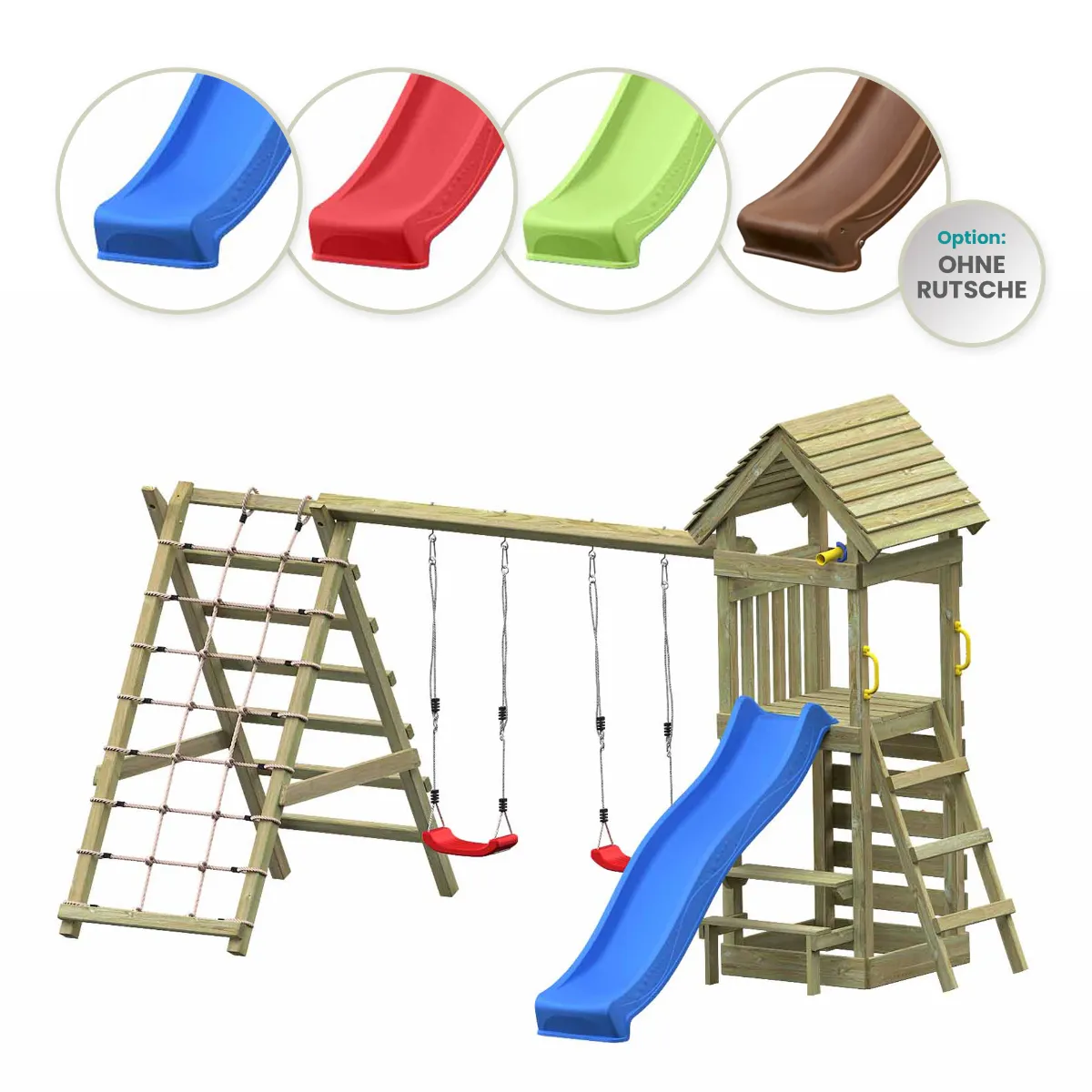 Spielturm Thomas Max mit Doppelschaukel Kletterwand und Kletternetz