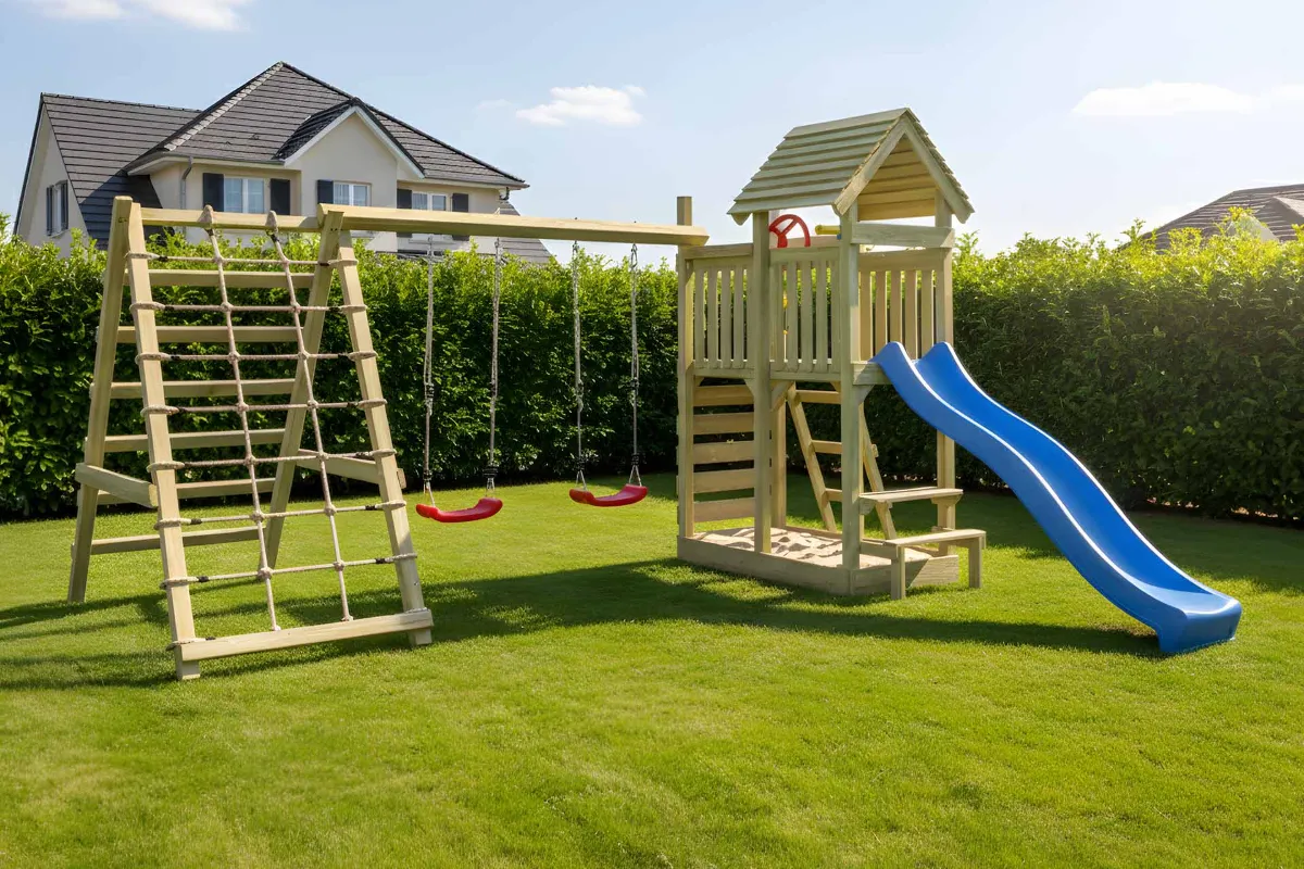 Spielturm Andrea Max mit Doppelschaukel Kletterwand und Kletternetz
