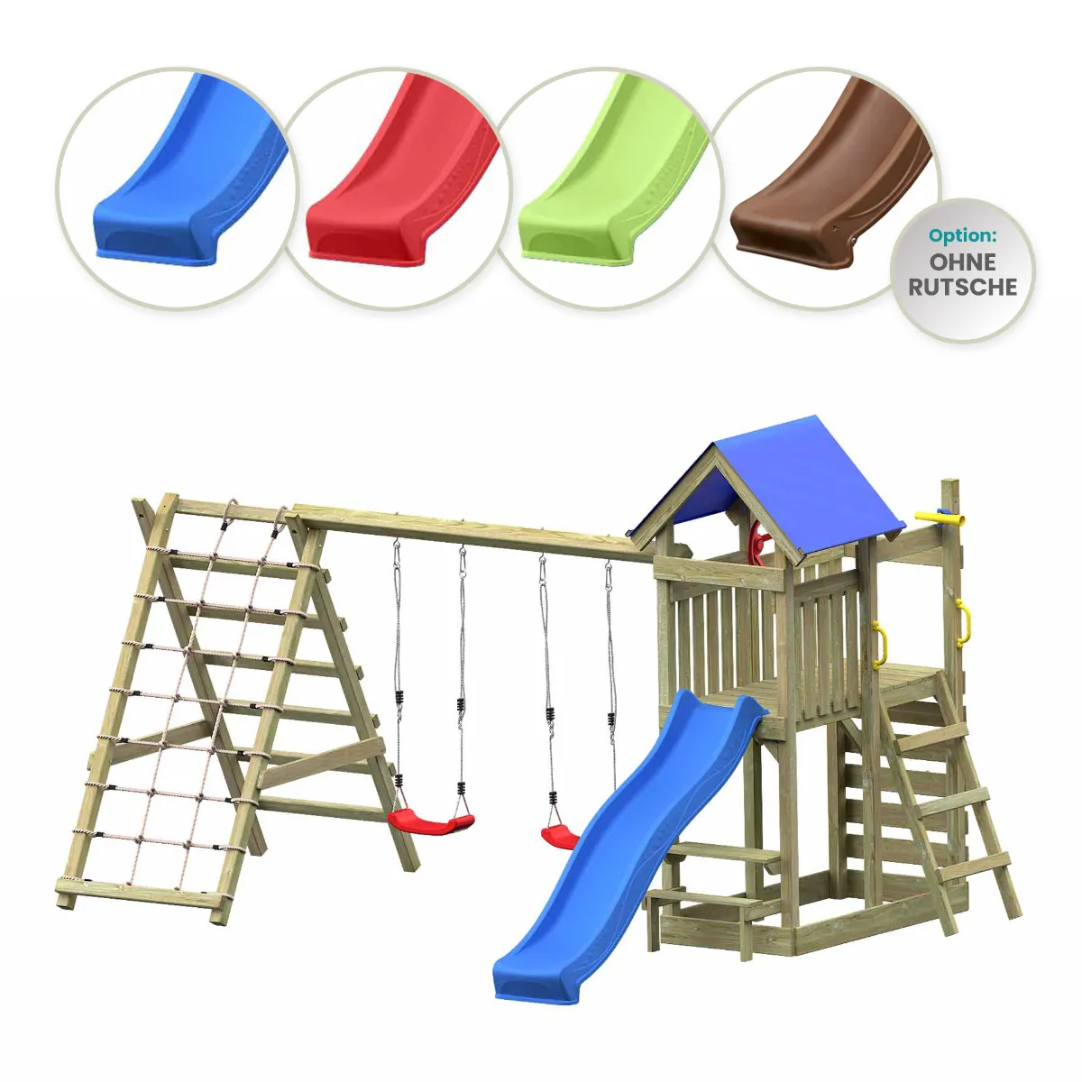 Spielturm Lucia Max mit Doppelschaukel Kletterwand und Kletternetz