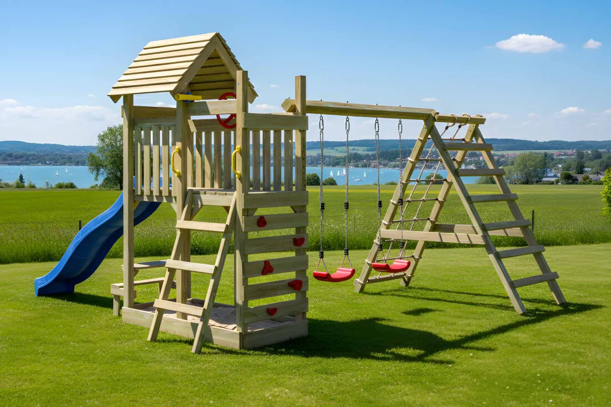 Spielturm Andrea Max mit Doppelschaukel Kletterwand und Kletternetz