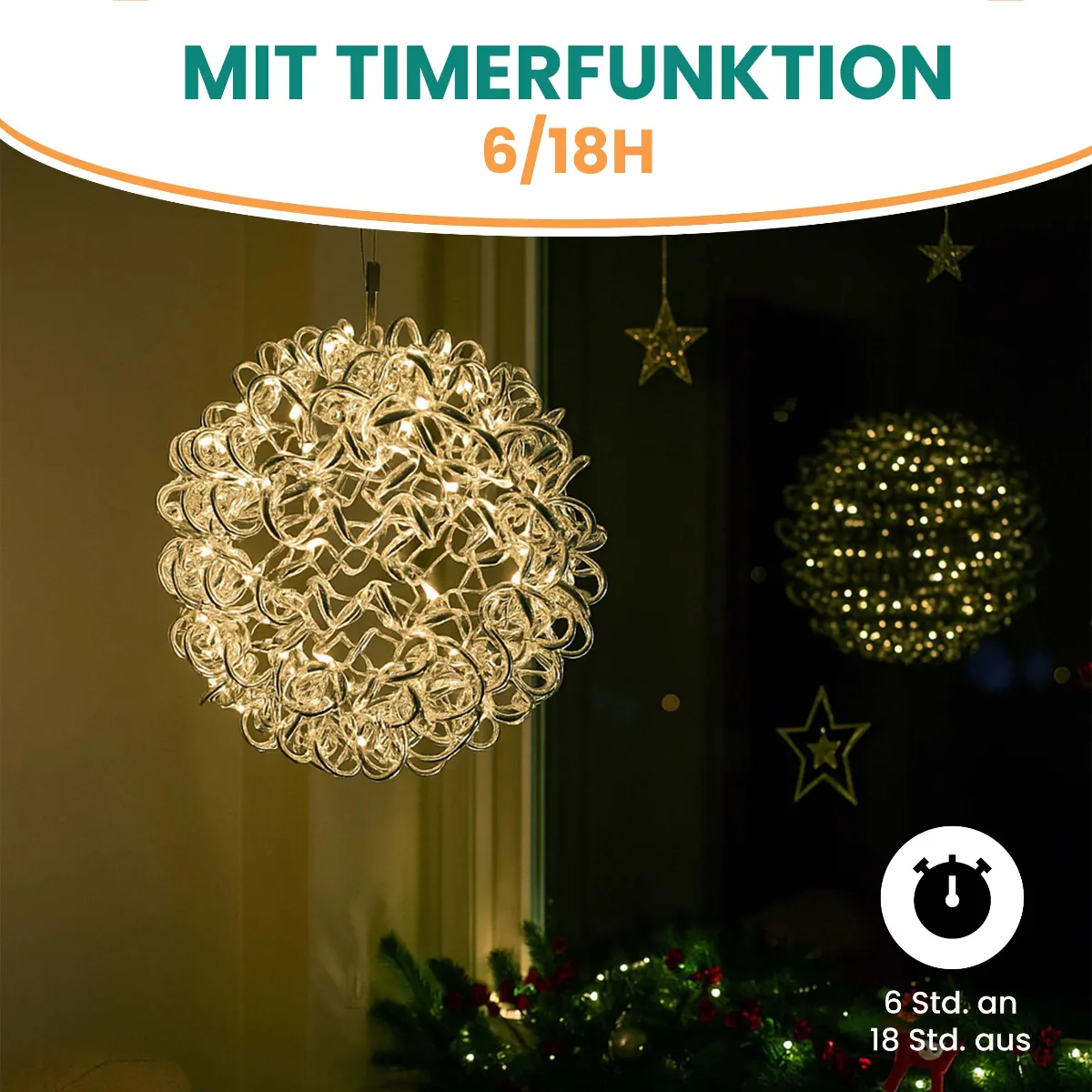 Silber-Dekorationen Aluminium Stern Ball mit LED warmweiß 1 x Ø40 cm + 1 x Ø30cm