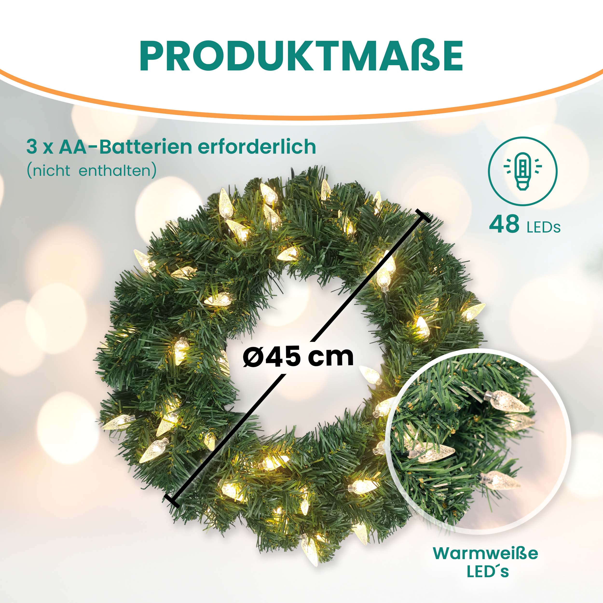 Batterie-Kranzgirlande Ø 45 cm mit 48 LED warmweiß Timer-Funktion IP44 