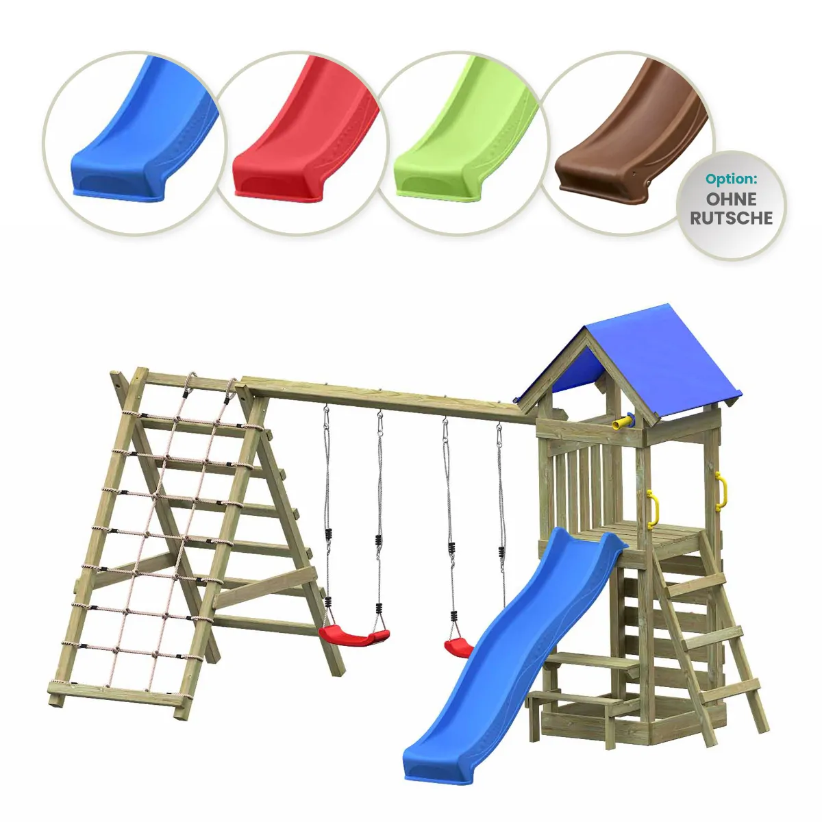Spielturm Julia Max mit Doppelschaukel Kletterwand Kletternetz und roter Rutsche