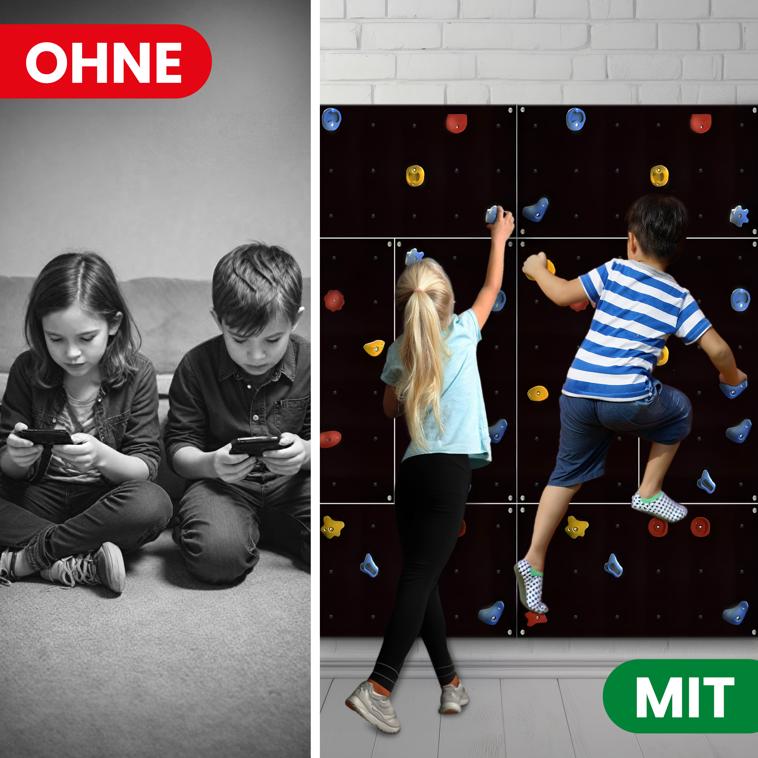 Kletterwand Outdoor mit bunten Klettersteinen und Montagematerial für Kinder und Erwachsene