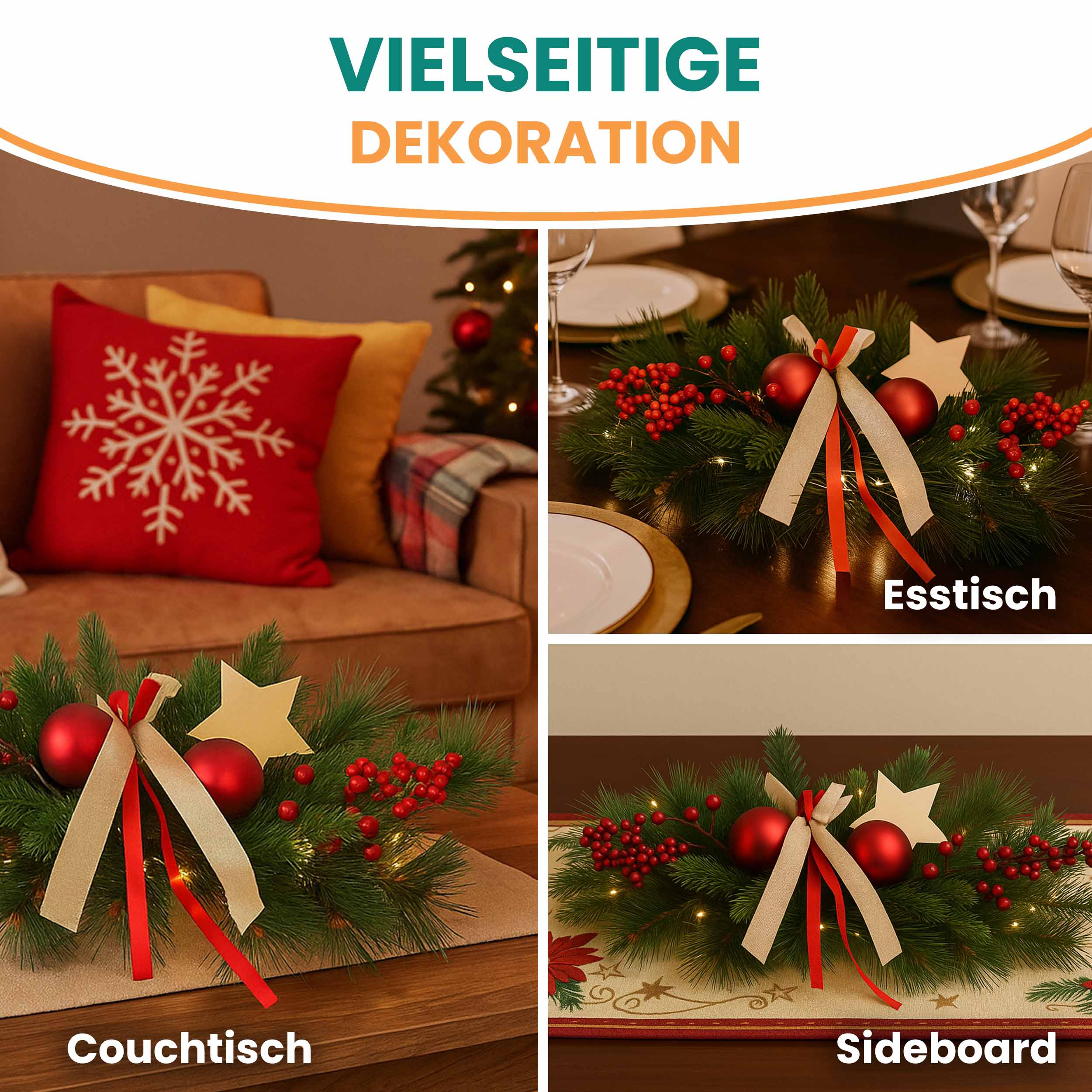 Adventsgesteck mit LED und roten Dekorationen 30x 57 cm 