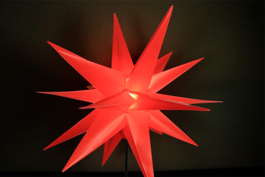 gartenstern-rot-led Metall-Gartenstab 18-Zacken-Stern rot mit LED-Birne warmweiß Sternenstab mit Erdspieß