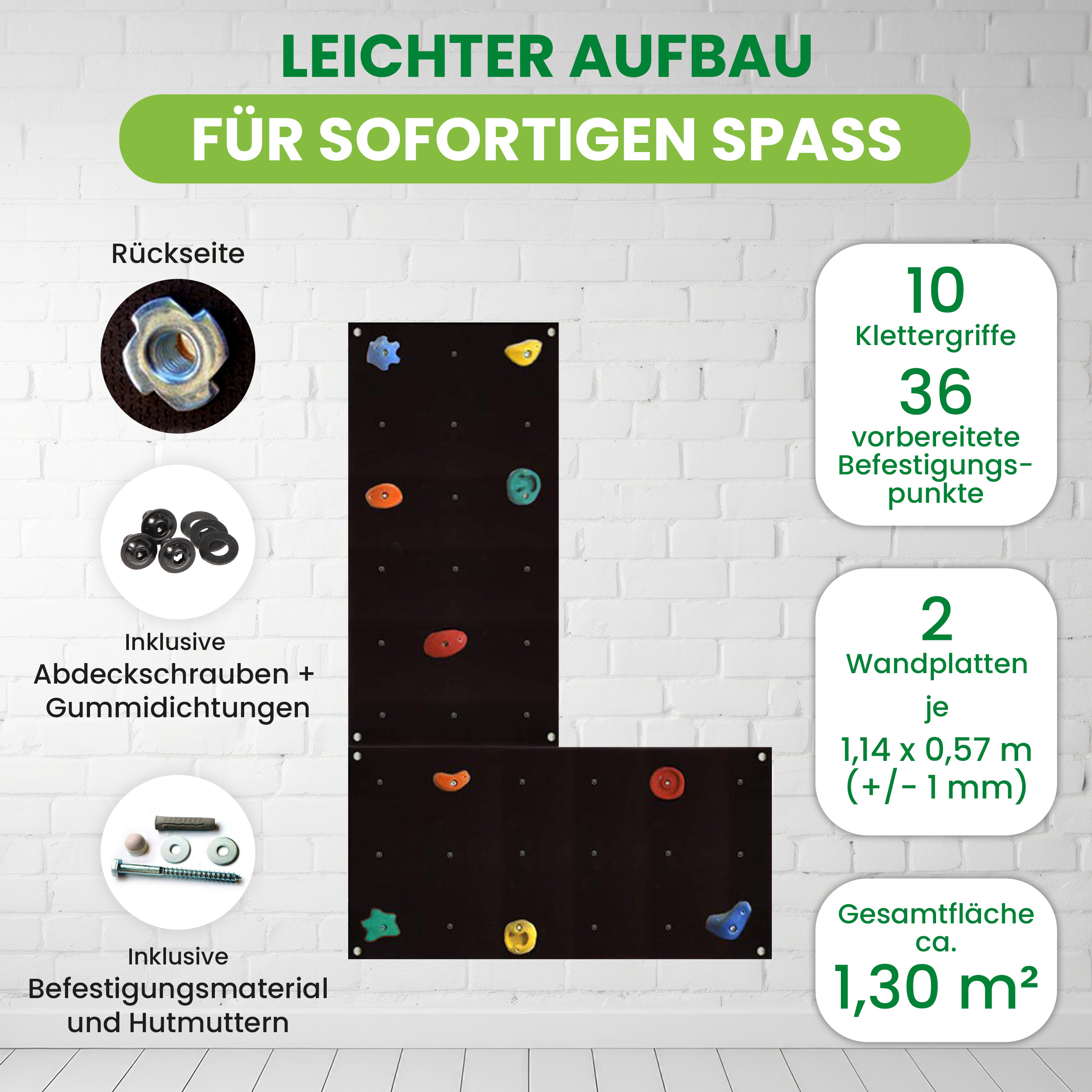 Kletterwand Outdoor mit bunten Klettersteinen und Montagematerial für Kinder und Erwachsene