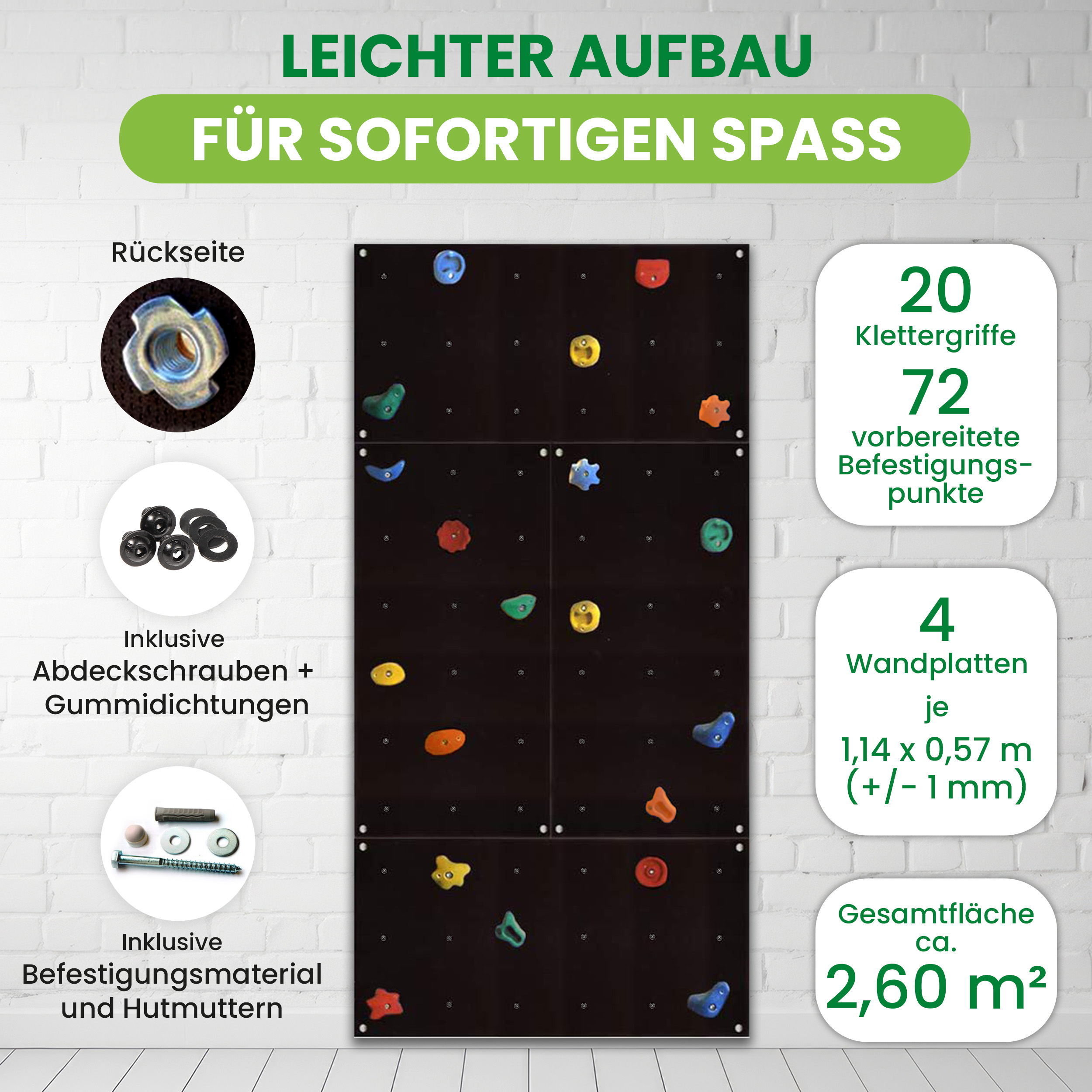 Kletterwand Outdoor mit bunten Klettersteinen und Montagematerial für Kinder und Erwachsene
