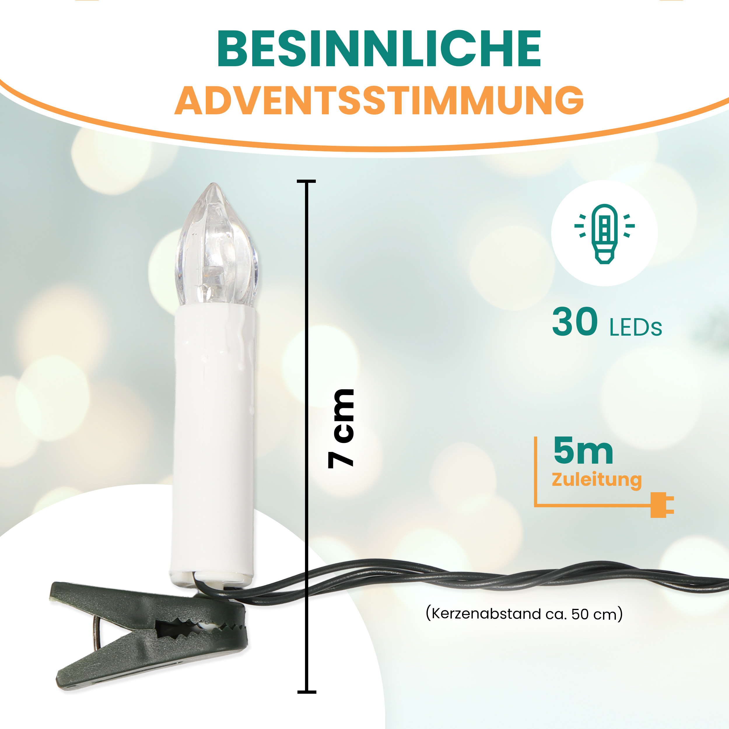 Weihnachtsbaum-Lichterkette 14,5 m 30 LED-Kerzen warmweiß mit Timer-Funktion