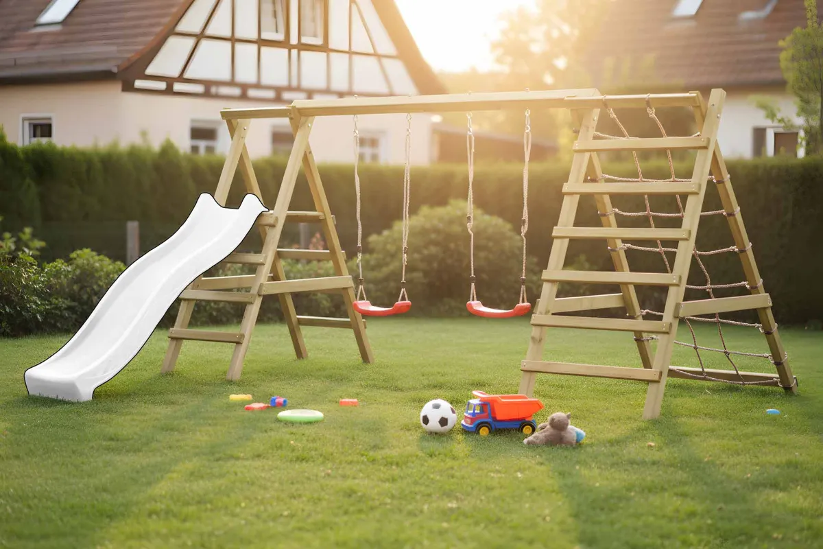 Gartenpirat Doppelschaukel Jana mit Kletternetz Sprossenleiter und Rutsche