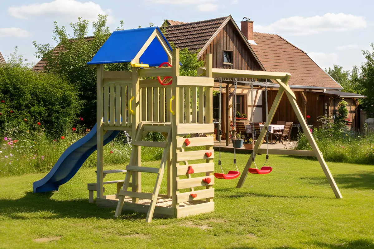 Spielturm Lucia Abenteuer mit Doppelschaukel und Kletterwand