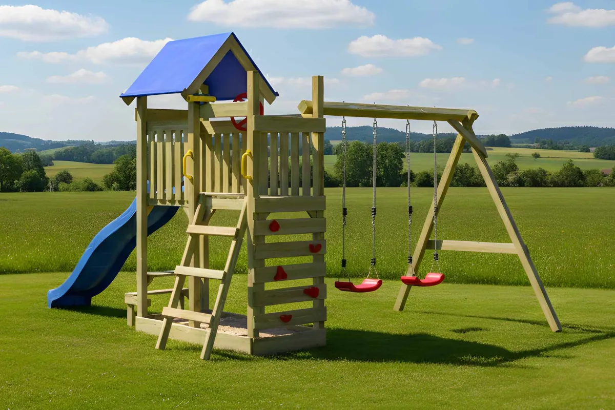 Spielturm Lucia Abenteuer mit Doppelschaukel und Kletterwand