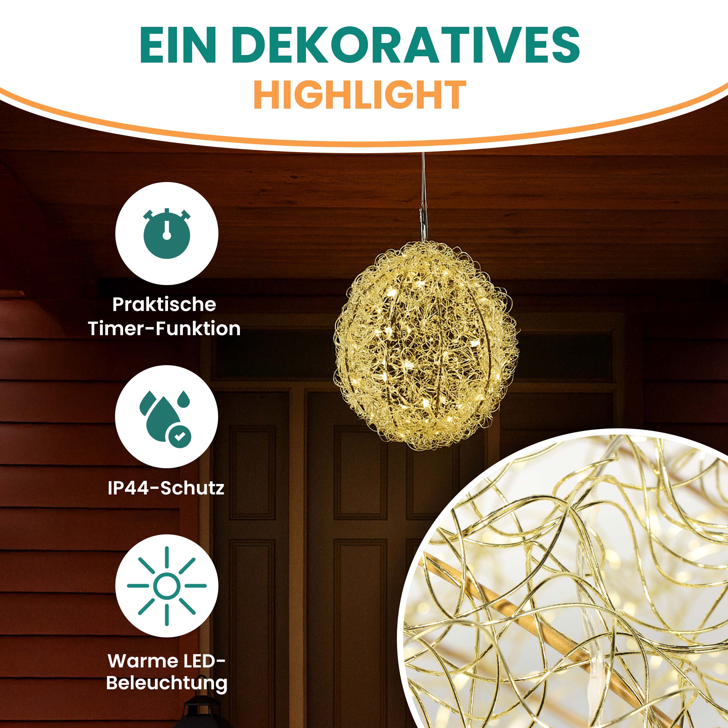 3D Drahtkugel Gold Ø 30 cm mit 80 LED warmweiß Timer-Funktion IP44