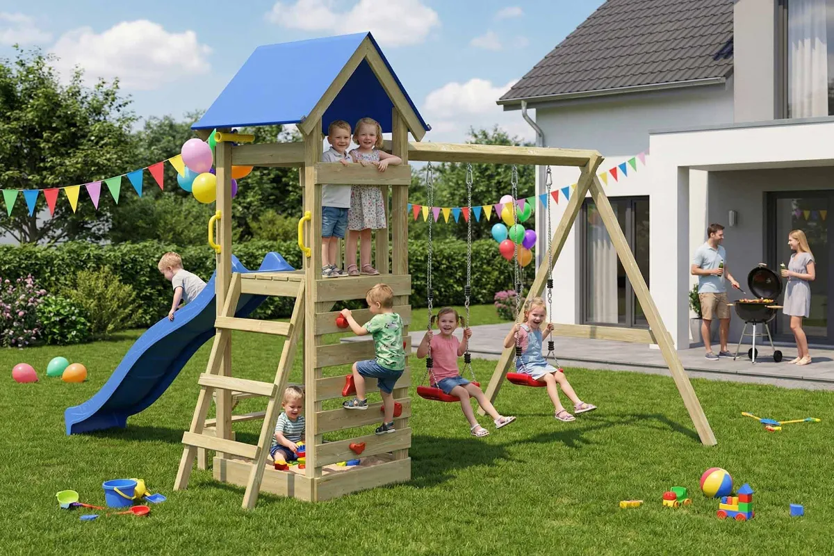 Spielturm Julia Abenteuer mit Doppelschaukel Kletterwand und roter Rutsche