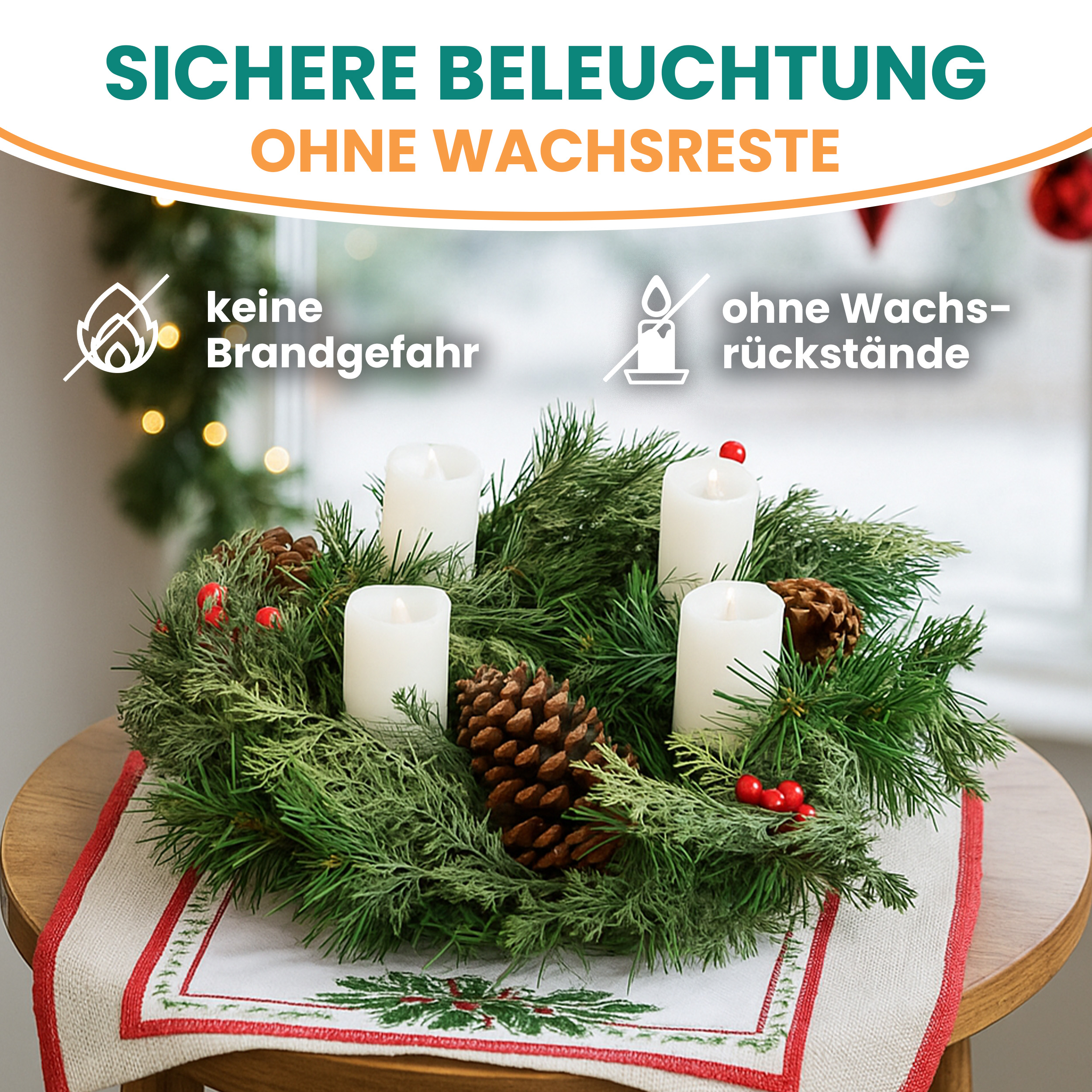 Künstlicher Adventskranz Weihnachtsdeko mit echten Zapfen und roten Beeren geschmückt