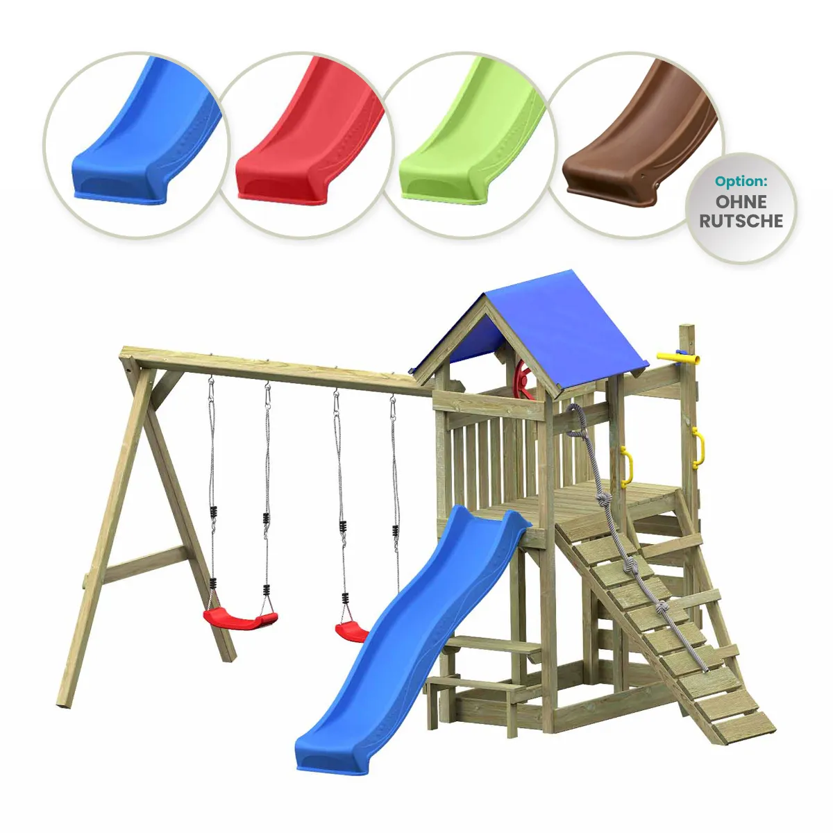 Spielturm Susi Abenteuer mit roter Rutsche Kletterrampe Kletterwand und Doppelschaukel