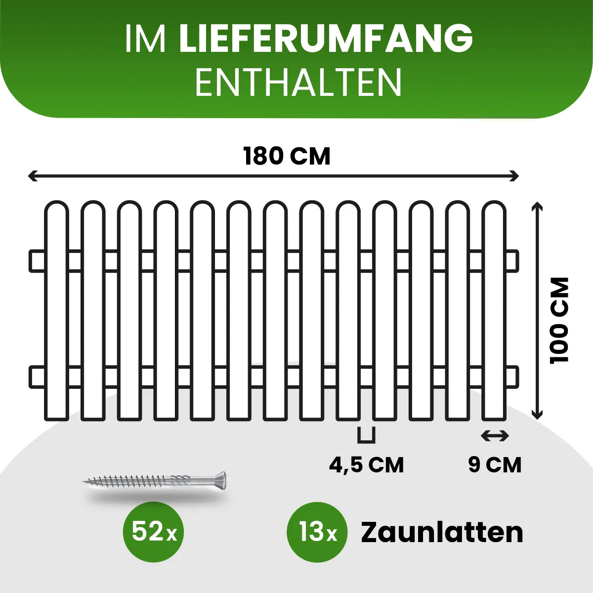 Holzpaket für Gartenzaun Lattenzaun inkl. Schauben 180 cm lang Kiefer imprägniert Typ A 100 cm hoch