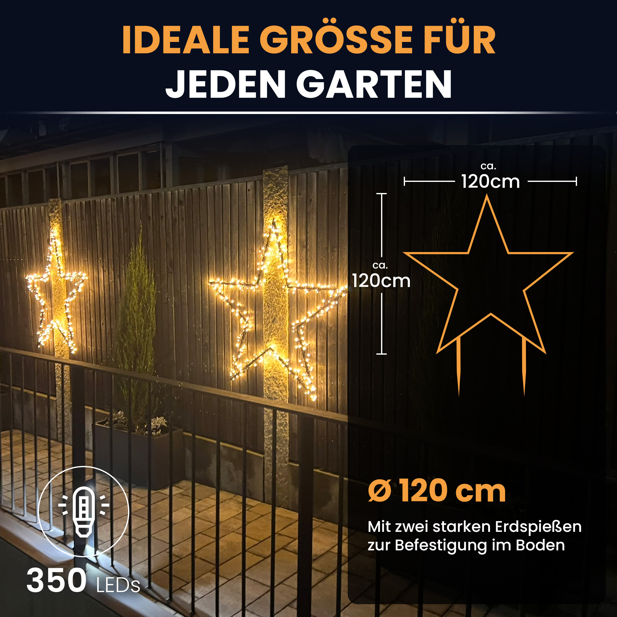 Gartenstern 120 cm mit Erdspieß und LED Beleuchtung Weihnachtsstern
