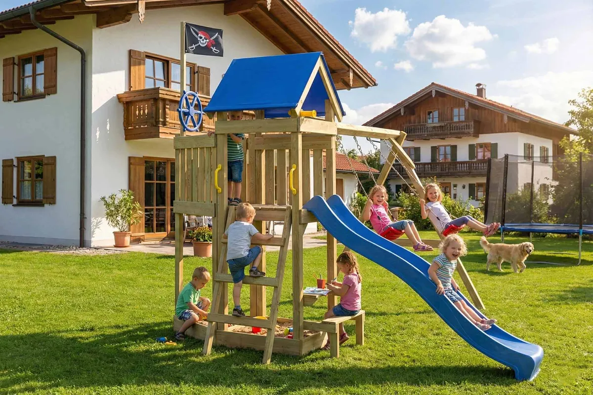 Spielturm Peter Abenteuer mit Doppelschaukel Tisch und Leiter