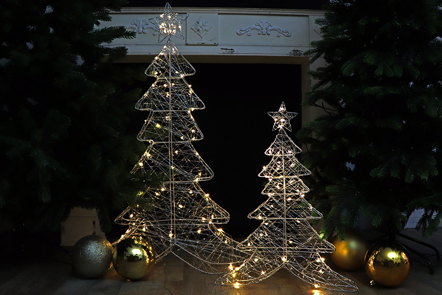 Silberdraht-Weihnachtsbaum-set-gross-und-klein Silberdraht-Tannenbaum 100 cm mit 80 warmweißen LED, 16 LED blinkend